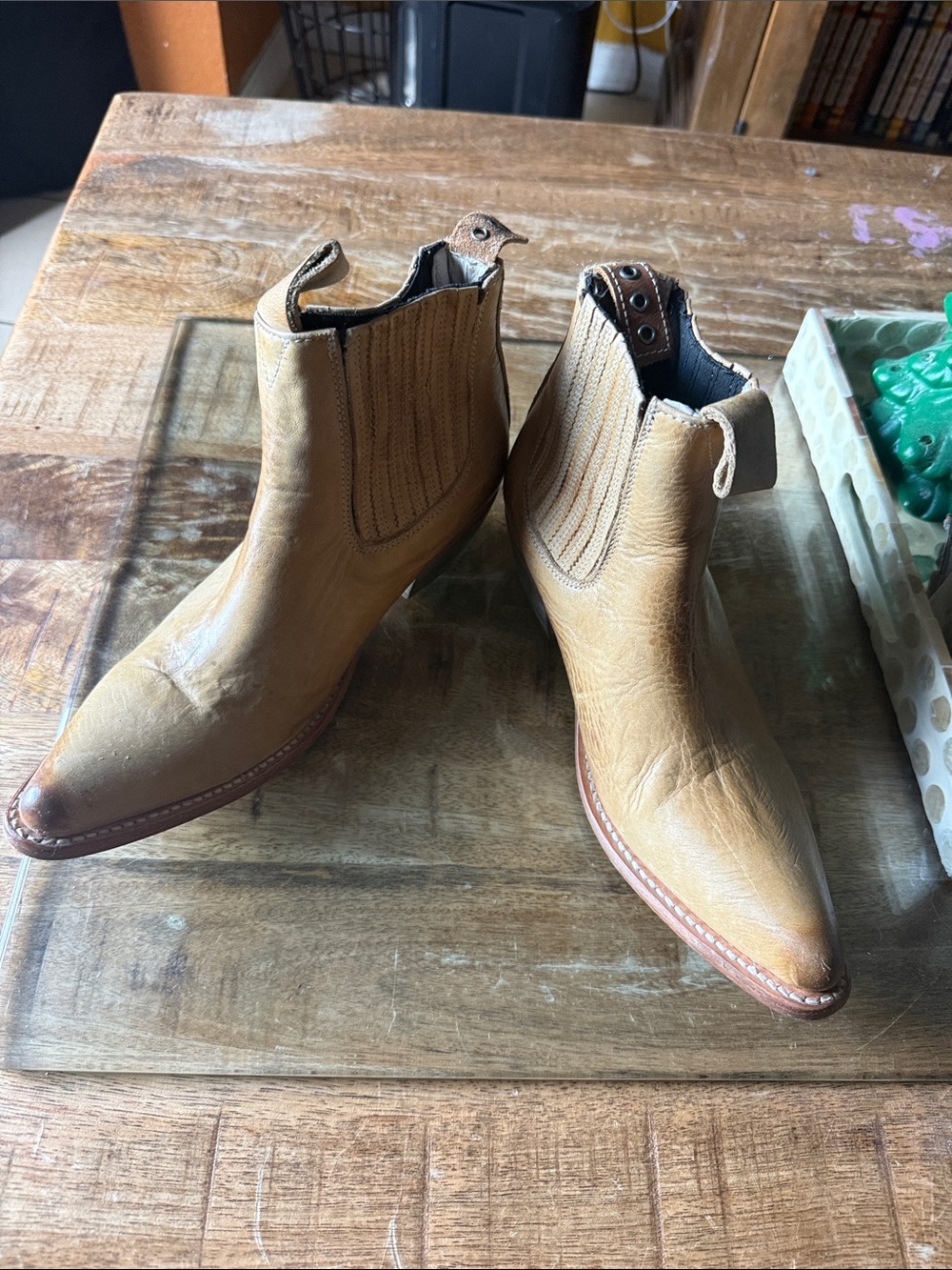 Crown Vintage Tan Leather Chelsea Booties with Pointed Toe